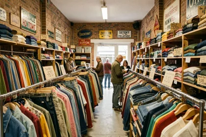 Intérieur d'une friperie animée en Ille-et-Vilaine avec des vêtements vintage colorés sur des portants métalliques