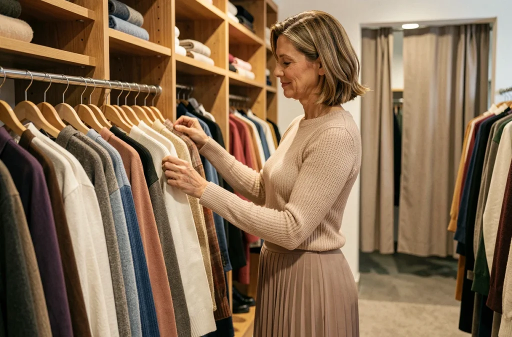 Femme choisissant soigneusement un vêtement dans le magasin MSC de prêt-à-porter féminin à Taverny