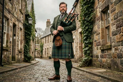 Musicien de cornemuse irlandaise en kilt vert traditionnel avec sporran en cuir, debout dans un village irlandais historique