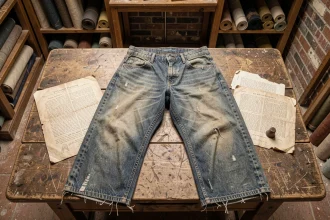 Jean ancien et document archivistique du XIXe siècle posés sur une table en bois brut, explorant l'origine historique du denim