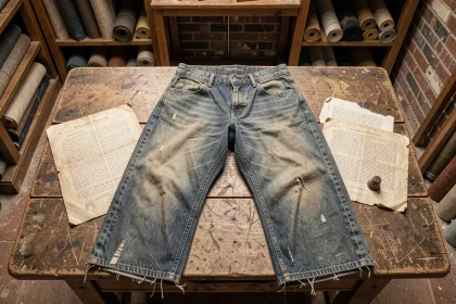 Jean ancien et document archivistique du XIXe siècle posés sur une table en bois brut, explorant l'origine historique du denim