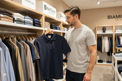 Homme parcourant les rayons de vêtements chez Celio Vichy lors de son premier achat en magasin