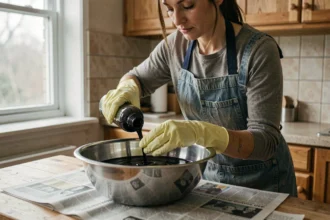 Femme portant des gants en caoutchouc versant de la teinture noire dans un bol en inox sur une table de cuisine protégée par des journaux