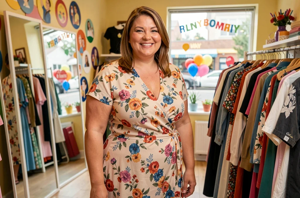 Femme ronde et souriante essayant une robe tendance dans la boutique Ronde Et Chic spécialisée en grandes tailles dans le Val-d'Oise