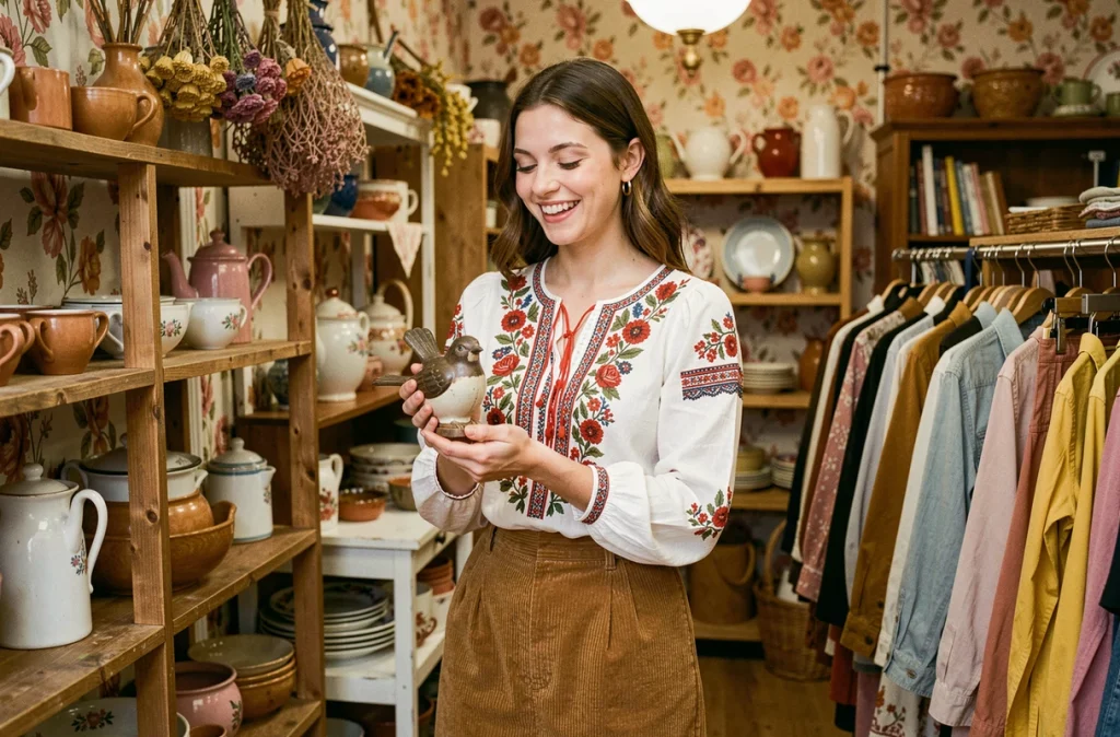 Jeune femme en blouse brodée folk tenant une figurine vintage dans la boutique poétique Rossignol de mes Amours