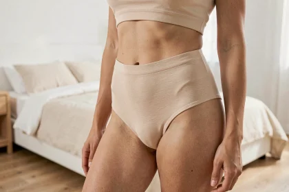 Femme portant un slip kangourou taille haute en coton beige dans une chambre minimaliste aux tons neutres