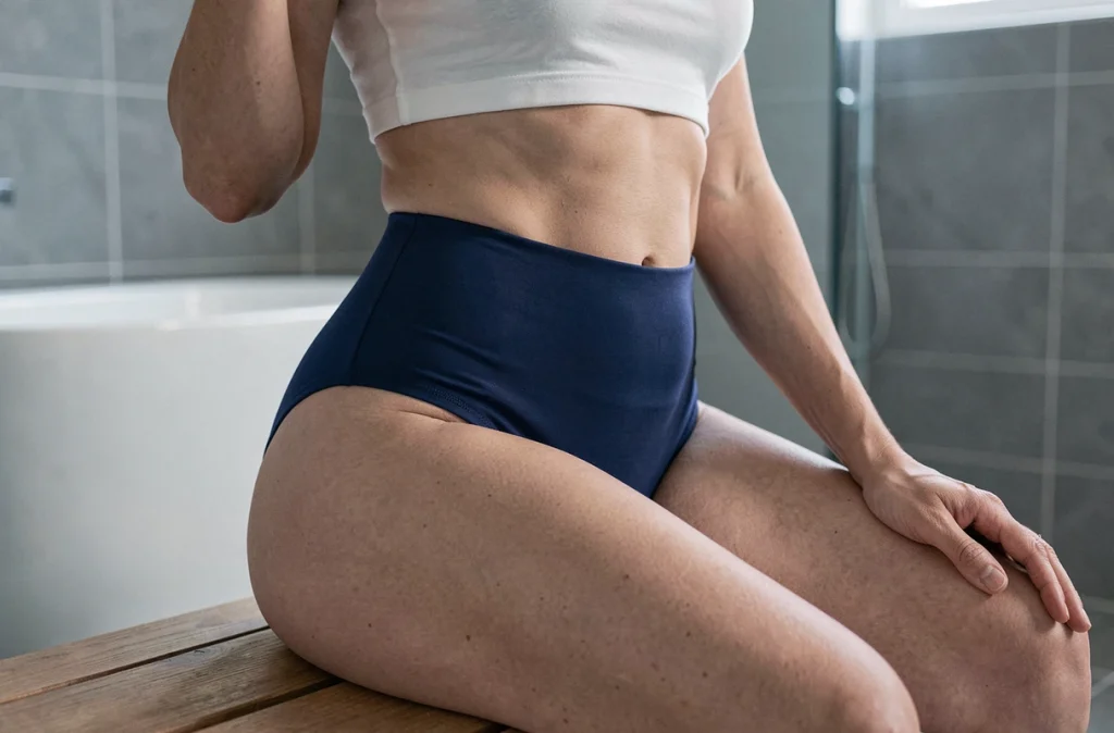 Femme mature portant un slip kangourou taille haute bleu marine en microfibre dans une salle de bain moderne