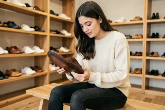 Femme examinant une chaussure britannique en cuir dans un magasin pour comparer les tailles UK et françaises