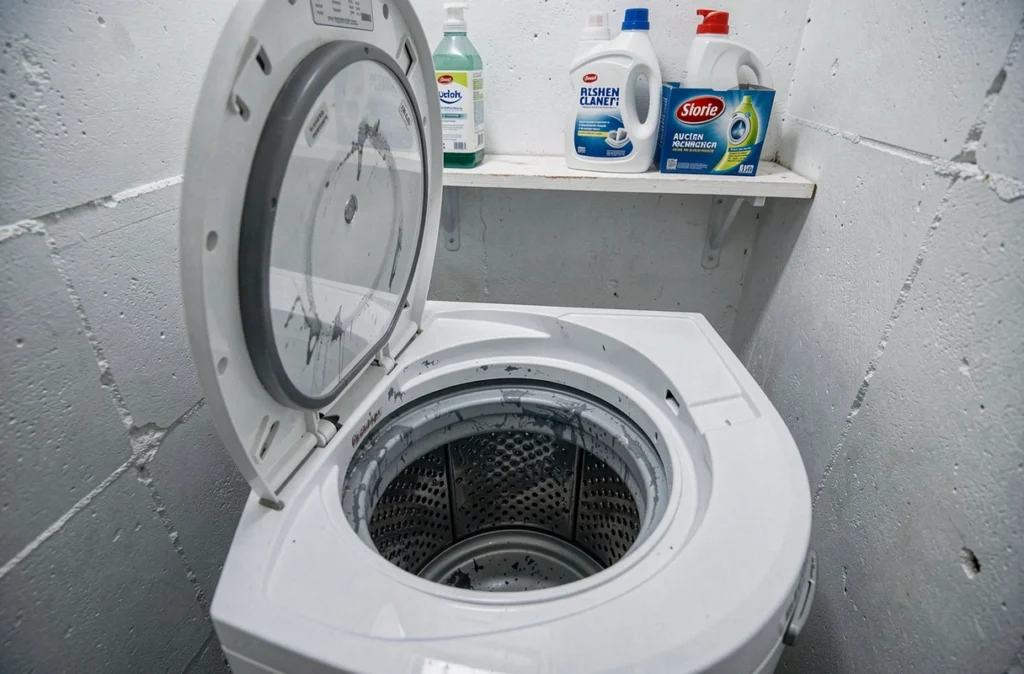 Tambour de machine à laver avec des traces de teinture noire après un cycle de teinture de vêtements, dans une buanderie blanche