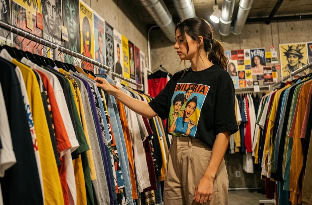 Jeune femme parcourant les portants de la friperie Vacarme à Rennes, vêtements vintage entassés autour d'elle