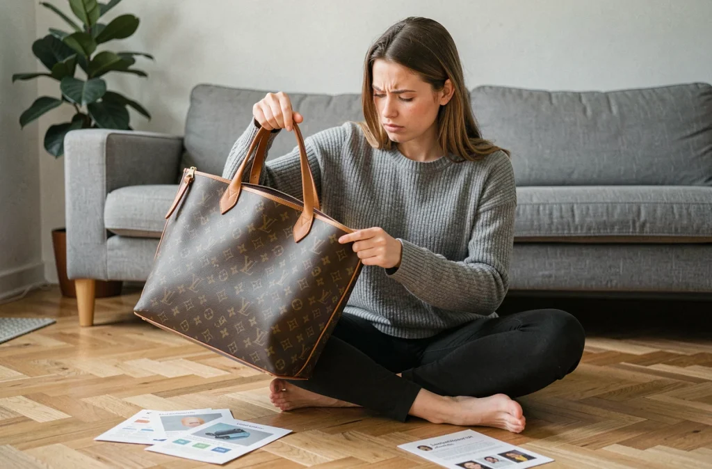 Jeune femme vérifiant l'estampage intérieur d'un sac Louis Vuitton pour authentification