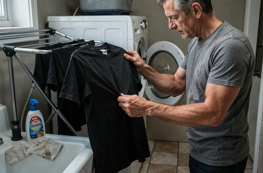 Homme inspectant des T-shirts en coton teints en noir suspendus sur un séchoir près d'une machine à laver dans une buanderie