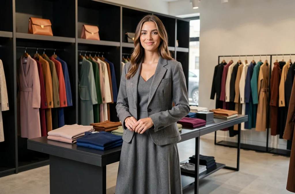 Femme à la mode essayant une tenue contemporaine dans la boutique WISDOM à Ermont